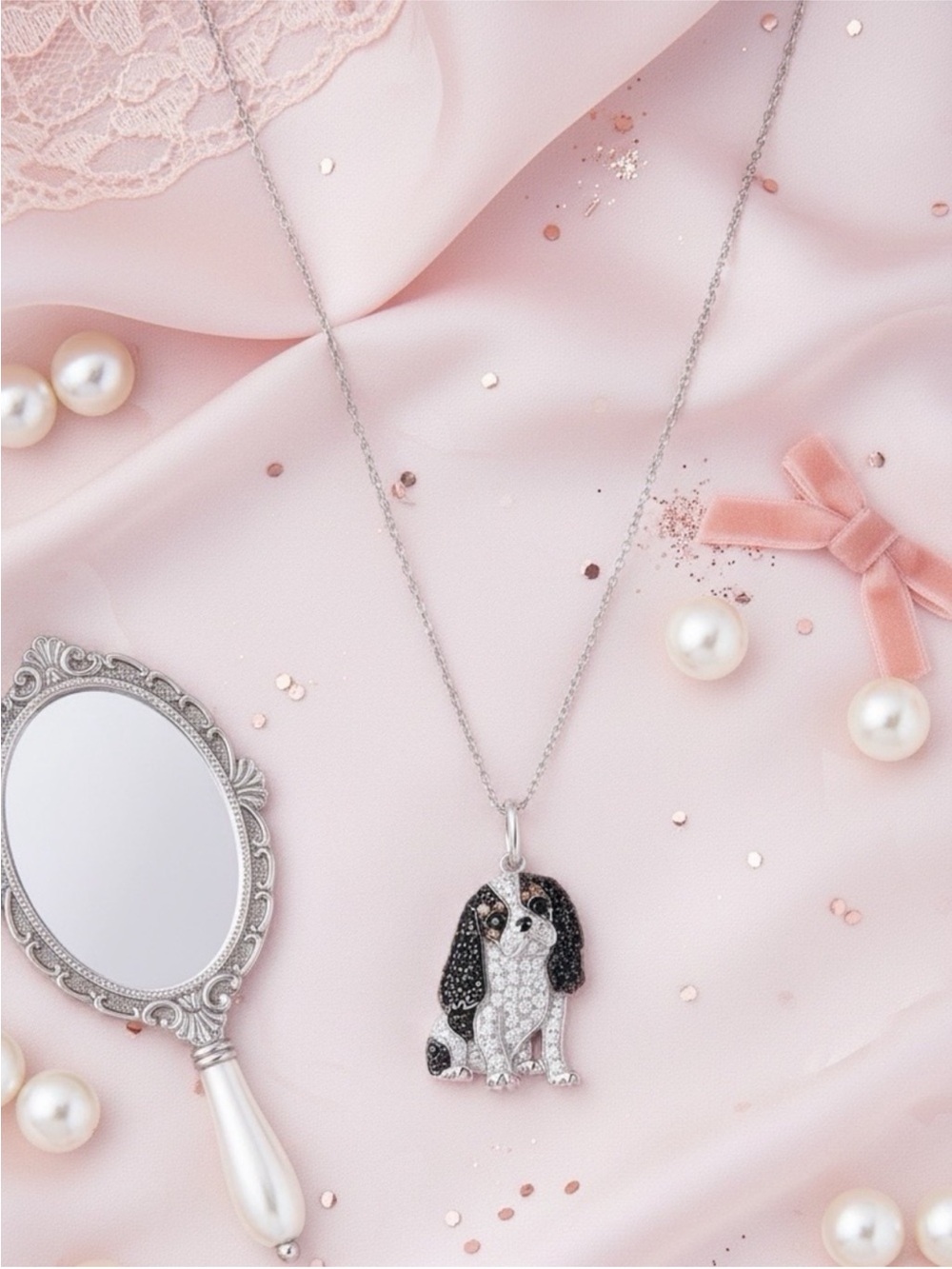 NWT Silver & Black King Cavalier Dog Iced Out Pendant Necklace Dog Mom Glam Chic